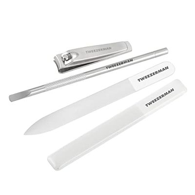 Tweezerman 4pce Glass Manicure Set - Professional Nail Kit for The Perfect Nails Includes Glass Nail File & Buffer, Nail Clippers, Pusher, Suitable for Women, Men & Teenagers