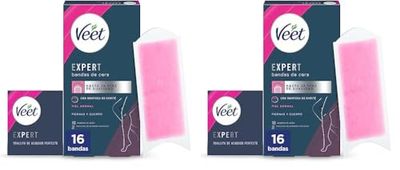 Veet Expert Bandas de Cera Fría Depilatoria para Depilación de Piernas y Cuerpo, con Manteca de Karité, 16 tiras (Paquete de 2)