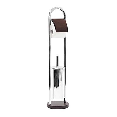 Relaxdays 10020130 Ensemble support brosse WC et rouleau papier toilette acier chromé et bois Dimensions H x l x P 80 x 18 x 18 cm, argenté et marron foncé, 82 x 19,5 x 12,5 cm