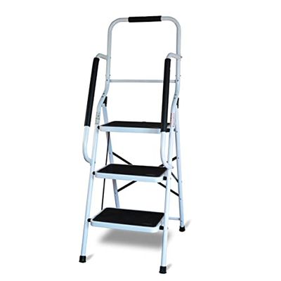 Step Stool with Handrail - 3 Steps. Step Ladder, Non-Slip Steps, Portable, Durable and Sturdy, Wide pedal multi-use for household and office
