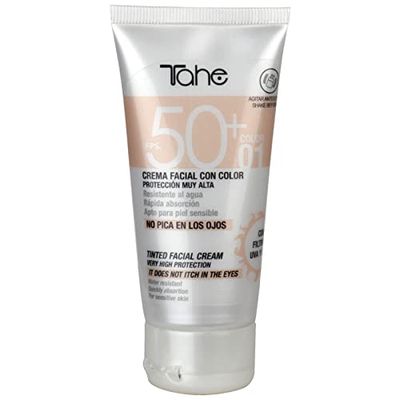 Tahe Sun Protect Crema Facial con Color y Protección Solar 50+, resistente al agua, Color Natural 01, 50 ml