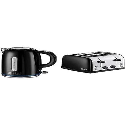 Russell Hobbs Quiet Boil Kettle - Fast Boil Kettle with Dual Water Windows with Stainless Steel Toaster, 4 Slice with Variable Browning Settings and Removable Crumb Trays