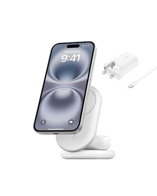 Belkin BoostCharge 2-in-1 magnetic foldable Qi2 charger 15W, MagSafe compatible wireless charger, fast charger for iPhone 16, 15, 14, 13, 12, charging station with non-slip base, PSU Included - White