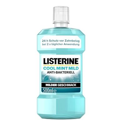 LISTERINE Cool Mint Mild (500 ml), antybakteryjny płyn do płukania jamy ustnej z olejkami eterycznymi i bez alkoholu, łagodna pielęgnacja zębów, płyn do płukania jamy ustnej, redukuje osad nazębny,