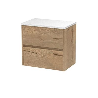 Hudson Reed HAV804LSW Havana Modern Bathroom Wall Hung 2 Drawer Countertop Unit & Laminate Worktop, 600mm, Woodgrain Autumn Oak/Sparkle White