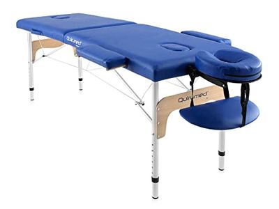 QUIRUMED Easy Aluminium Folding Massage Table, Blue, 180 x 60 cm, Leatherette, Portable, Lightweight, Removable Headrest, Face hole, Height adjustable, up to 120 kg