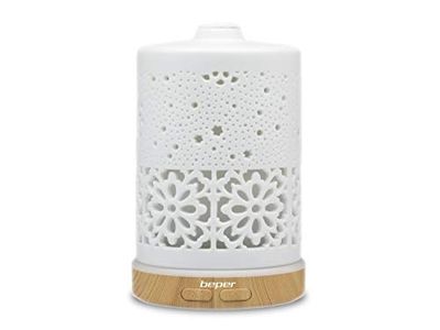 BEPER 70.404 Keramische Essence Diffuser, Ultrasone Vernevelaar, 7-kleuren Led-licht, Steam Release en Kleurkeuzeknop, Elegant Design, USB-bediening,Wit
