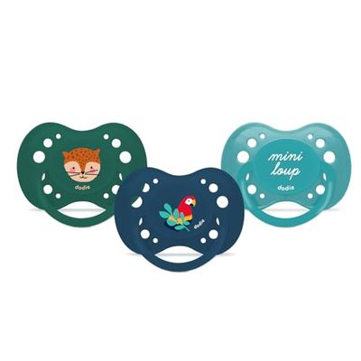 DODIE Chupetes anatómicos esenciales, Chupete para bebé, +18 meses, Azul, Verde, Loro, Juego de 3