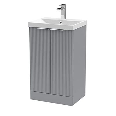 Hudson Reed DFF223D Fluted Modern Bathroom Floor Standing 2 Door Vanity Basin Unit with Thin-Edge Ceramic Basin, 500mm, Satin Grey