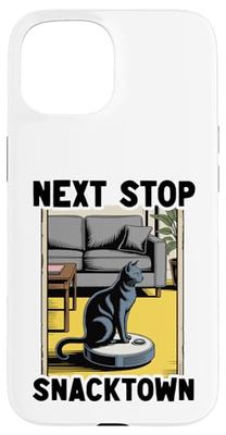 Next Stop Snacktown Cat Robot Vacuum Cleaner Cat Case for iPhone 15
