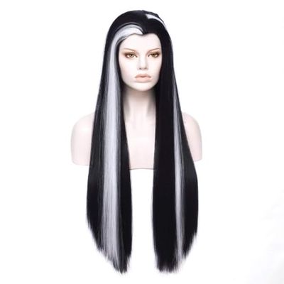 Morticia parrucca da donna con design a punta di vedova mista lunga rettilinea in bianco e nero
