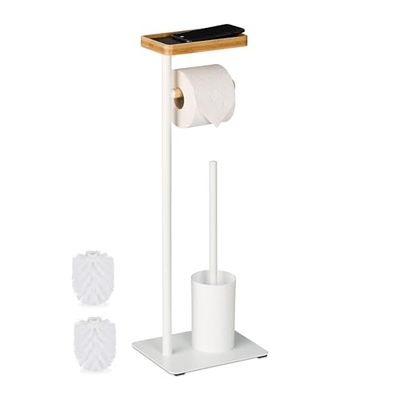 Relaxdays Serviteur WC, mélange de matériaux, Non Fixe, Brosse et Porte-Brosse, Porte-Rouleau, Blanc et Nature