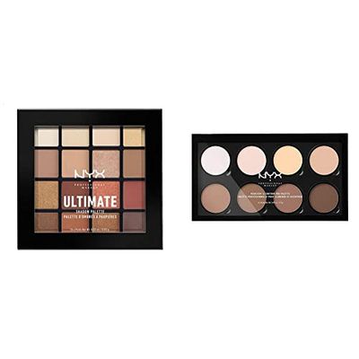 NYX Professional Makeup, Palette Ombretti Ultimate Shadow,Pigmenti Pressati, 16 Tonalità, Effetto Opaco, Satinato, Metallico & Highlight & Contour Pro Palette, Contouring Kit in polvere
