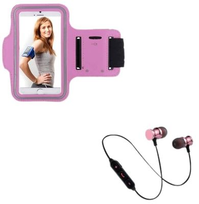 Pakiet sportowy do smartfona Samsung Galaxy S10e (słuchawki Bluetooth metal + opaska na rękę) Running T4 (różowy)