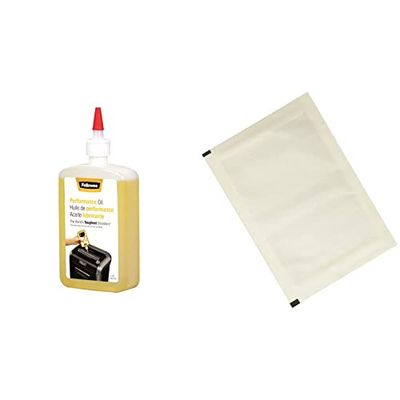 Fellowes 35250 Olio Lubrificante per Distruggidocumenti, 355 ml & Amazon Basics - Fogli per affilare e lubrificare distruggidocumenti, confezione da 12