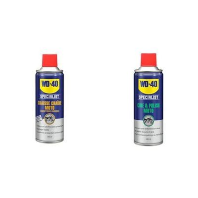 WD-40 Specialist Moto • Graisse Chaîne • Aérosol • Idéal Off-road et conditions humides & WD-40 Specialist Moto Cire Et Polish Aérosol Extrême Brillance Et Longue Durée