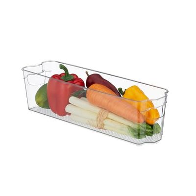 Relaxdays koelkast organizer, smal bakje voor levensmiddelen, HBD: 10x38x10,5 cm, opbergbak met handgrepen, doorzichtig