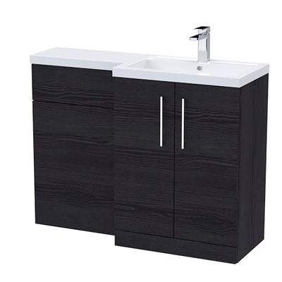 nuie ARN611R Arno Modern Bathroom Right Hand 2 Soft Close Door Vanity Basin and WC Combination Unit, 1100 x 390mm, Charcoal Black Woodgrain