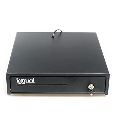 Iggual – Cajón Portamonedas IRON-15, Caja Efectivo Registradora Manual o Automática RJ11(12V), Compartimento x4 Billetes y x8 Monedas, Cerradura 3 Posiciones Bloqueo, 37x33,5x8 cm, Carcasa Acero Negro