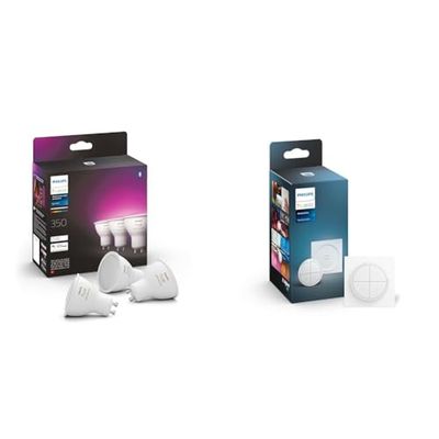 Philips Hue White and Color Ambiance Faretti Smart Led, Luce Bianca e Colorata, Bluetooth, Dimmerabili, GU10, 4W, 3 Pezzi Interruttore Tap Dial Smart, Alimentazione a Batteria, Bianco