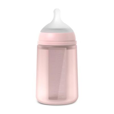 Suavinex, Siliconen babyfles, 240 ml, fysiologische speen van siliconen SX Pro, met anti-koliek ventiel, medium stroming fles (M). Voor baby's vanaf 3 maanden. Colour Essence Rose Water