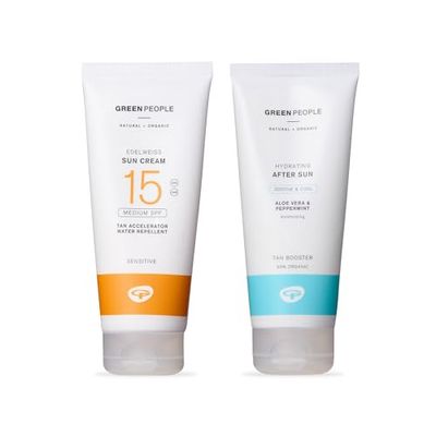 Green People Edelweiss SPF15 Sun Cream & After Sun - Natural, Organic Sunscreen with Tan Accelerator - Non Comedogenic, Reef Safe - 2x200ml