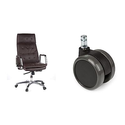 hjh OFFICE 600924 Sillón de Oficina Villa 20 Cuero marrón, Silla giratoria, Alto Respaldo con apoyacabezas, cómodo & 619010 5X Ruedas para sillas de Oficina ROLO 11mm x 65mm, 5 Unidades, Suelos Duros