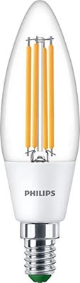 Philips ampoules LED Ultra Efficient E14, format flamme, classe enérgétique A, équivalent 40W, 3000K, verre, transparente, lot de 2