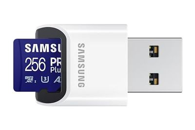 Samsung Carte Mémoire MicroSDXC, PRO Plus, 256 Go, Vitesse de Lecture jusqu’à 180 Mo/s, fournie avec Lecteur USB