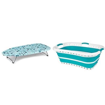 Beldray LA023735SEW Table Top & Desk Ironing Board, 73 x 31cm + Beldray LA072979TQEU Collapsible Hip Hugger Laundry Basket