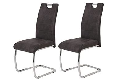 Hela Tische, Flora II Lot De 2 Chaises Luge Pour Cuisine, Microfibre Rétro Anthracite, Armature En Tube Rond Chromé, Dossier Avec Poignée