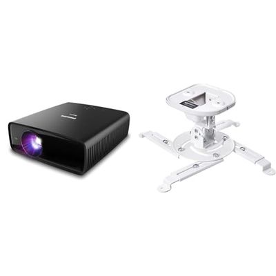 Philips NeoPix Ultra 520, proiettore True Full HD con TV Android & Amazon Basics - Supporto a staffa per proiettore, inclinabile, per soffitto e parete, Capacità 15 kg, Bianco
