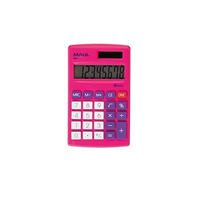 MAUL Zakrekenmachine M8, kleine rekenmachine met 8 cijfers display, standaardfuncties voor kantoor, thuis, school, rekenmachine op zonne-energie met batterijgebruik in het donker, roze
