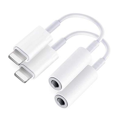 Adaptador de Auriculares [Certificado Apple MFi] 2 Unidades Lightning a Jack 3.5 Adaptador AUX a Conector de Auriculares de 3,5 mm, Compatible con iPhone 14/13/12/11/XR/X/XS/8/7 Compatible con Todos