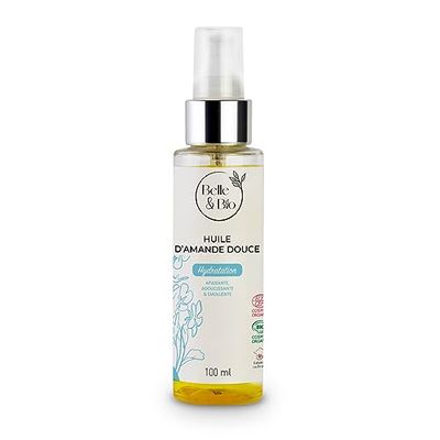 Belle&Bio - Olio di mandorla dolce 100% olio proveniente dall'agricoltura biologica per tutti i tipi di pelle, certificato Cosmos da Ecocert, 100 ml