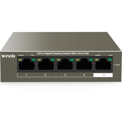 Tenda TEG1105P-4-63W (5-poorts 1000 Mbit/s PoE-switch met 4-poorts PoE en 1-uplink-poort,vervangt de voeding tot 58W,voor camera‘s,AP,IP-telefoons,metalen behuizing,250m,6kV,full duplex 2000Mbit/s)
