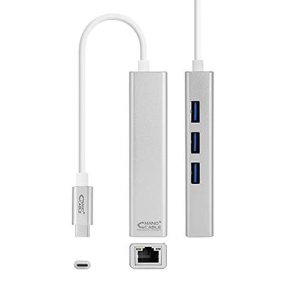 USB-C naar gigabit Ethernet-converter + 3 USB 3.0-poorten, 15 cm; ideaal voor internetverbinding en poortuitbreiding.