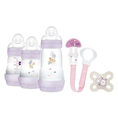 MAM Welcome to the World G102-3 butelki dla niemowląt Easy Start Anti-Colic, 1 smoczek i 1 klips na broszki 0+ miesięcy, wersja hiszpańska, różowa, 5 sztuk