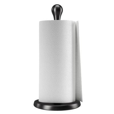 Umbra Tug Modern Stand Up Paper Towel Holder – Easy One-Handed Tear Kitchen Paper Towel Dispenser with Weighted Base for Standard Paper Towel Rolls, Metallic Black