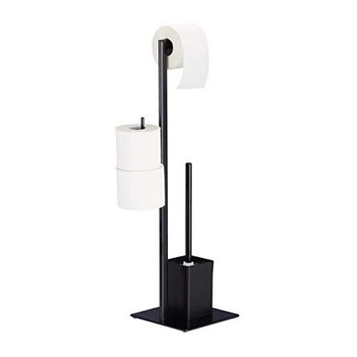 Relaxdays Brosse WC et dérouleur Papier avec Porte-Rouleaux de Rechange, Vertical, Salle de Bain, HLP 72x25x20 cm, Noir
