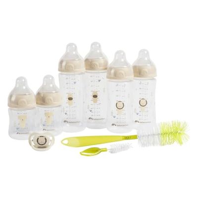 Bebeconfort Physio Air Kit Completo Biberones, Esenciales Lactancia Biberón, 0+ M, Incluye 6 Biberones, Chupete y Cepillo 2 en 1, Chupete y Tetina Forma Fisiológica, Diseño Anticólico