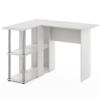 Furinno L-vorm bureau met boekenplank, wit eiken/chroom, 87,63 (D) x 104,39 (B) x 73,41 (H) cm