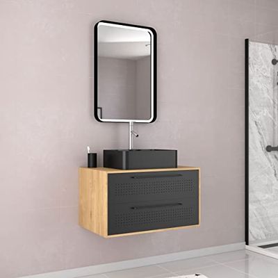 AURLANE Meuble Salle de Bains 80 cm, Vasque Rectangulaire et Miroir LED - Chêne Naturel et Noir Mat - UBY