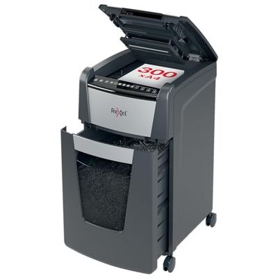 Rexel 2020300X Auto+ 300X – Destructeur de Documents Automatique Coupe Croisée Sécurité P4, Capacité 300 Feuilles, Corbeille 60 litres Amovible, Roulettes Pivotantes