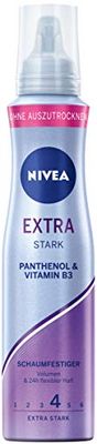NIVEA Mousse extra forte (150 ml), mousse nourrissante pour cheveux avec protection thermique, panthénol et vitamine B3, réparateur fiable pour coiffer avec maintien 24 h (niveau de maintien 4)