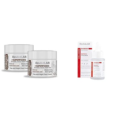 RevitaLAB Day and Night Collagen Anti-Aging Moisturiser Enriched with Hyaluronic Acid, Superfoods, Vitamins and a UVA/UVB Filter for Ages 30 – 45, 50 ml (multipack) &, Sérum facial, 30 ml