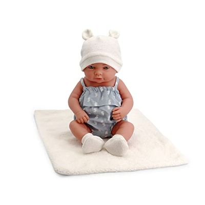 Tachan - Poupée bébé 40 cm, avec lanière avec Tissu imprimé en Bleu, Bonnet et Chaussettes en Tricot avec Couverture en Bourgeon, Fisico réaliste de bébé (CPA Toy Group Trading S.L. 788T00630)