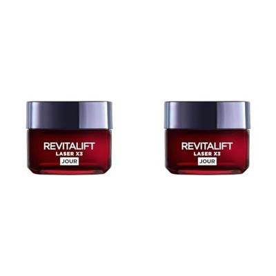 L'Oréal Paris - Soin Profond Visage Anti-Âge - Crème de Jour Triple Action - À l'Acide Hyaluronique, Pro-Rétinol et Vitamine C - Tous Types de Peaux - Revitalift Laser X3-50 ml (Lot de 2)