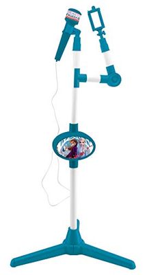Lexibook Microphone La Reine des Neiges 2 Elsa Anna Olaf avec enceinte et pied lumineux, prise auxiliaire pour connecter la musique, Bleu/Violet, S150FZ