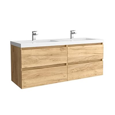 Salgar Mueble de baño Bequia 140 cm 100% montado de fábrica | Acabado Roble suspendido 4 cajones Cierre amortiguado Apertura con uñero | Lavabo 2 pozas Porcelana Blanca | Marca